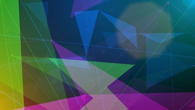 A futuristic 3d illustration of salad and violet pyramid figures covered with triangular surfaces shimmering mysteriously in the dark blue backdrop with star looking spots.