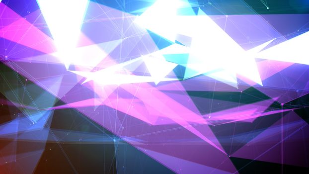 An extraterrestrial 3d illustration of white, pink, and blue polygonal forms covered with radiant rectangular and triangular surfaces shining in the black universe with bright stars.