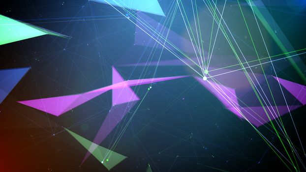 A celestial 3d illustration of green, pink, and blue polygonal shapes covered with luminous rectangular and triangular surfaces pierced with green rays in the black universe.