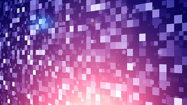 An arty 3d illustration of flickering squares in the dark blue and light red background put askew. They sparkle making a mesmerizing and psychedelic effect. 