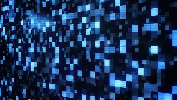 A wonderful 3d illustration of small blue and white sparkling squares in the black background placed diagonally. They look like mosaic illumination in some disco club. 