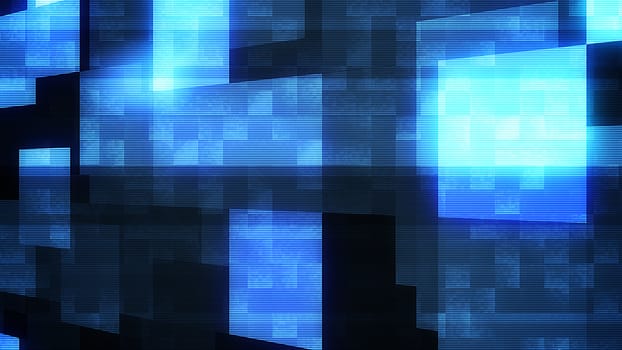 An encouraging 3d illustration of big brilliant blue and white squares in the black background located diagonally. The colors play in a cheerful way. It looks like medley. 