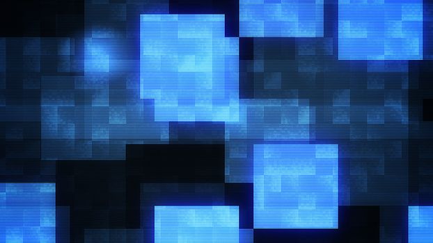 A volumetric 3d illustration of big bright blue and white squares in the black background. The glowing colors play in a festive way. It looks like disco club illumination. 