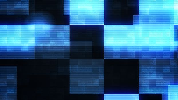 A graphic 3d illustration of big bright blue and white squares and rectangles composing a sparkling cross in the black background. It looks like some sacred figure.  