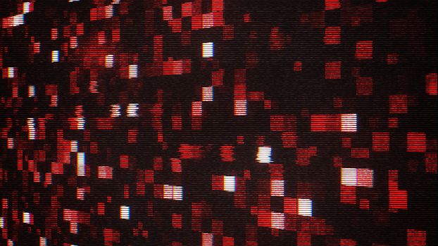 An exciting 3d illustration of small shining red, white and purple squares in the black background. They look like cheerful disco club illumination.