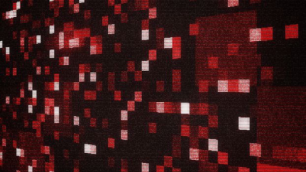 A cheerful 3d rendering of big and small sparkling red, white and purple squares in the black background. They look like festive mosaic theater show curtain.