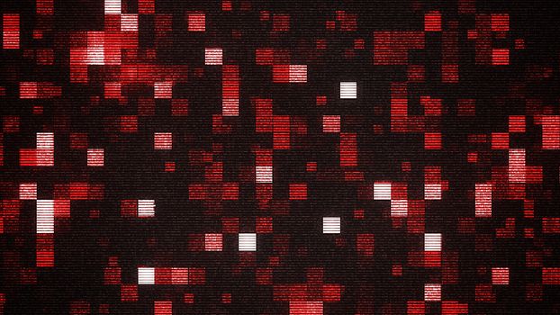 An optimistic 3d illustration of shimmering red, white and purple squares in the black background. They look like cheerful figures of some labyrinth.