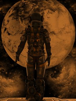 Space traveler looking a big planet in deep space - 3d rendering