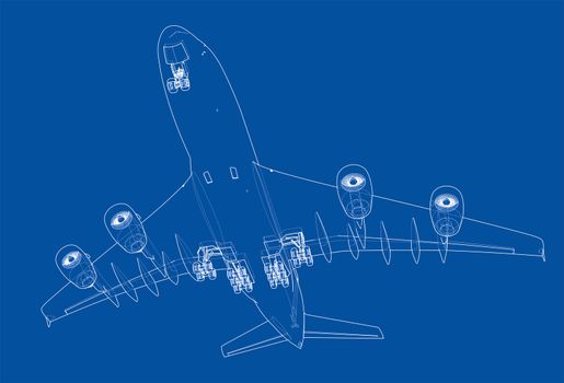 Passenger aircraft blueprint. 3d illustration. Wire-frame style