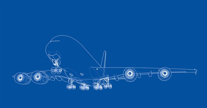 Passenger aircraft blueprint. 3d illustration. Wire-frame style