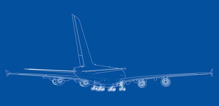 Passenger aircraft blueprint. 3d illustration. Wire-frame style