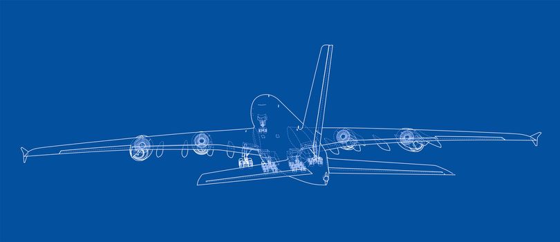 Passenger aircraft blueprint. 3d illustration. Wire-frame style