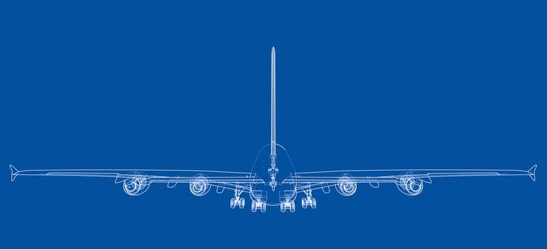 Passenger aircraft blueprint. 3d illustration. Wire-frame style