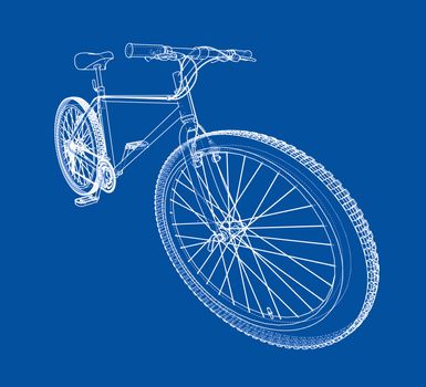 Bicycle sketch on blue background. 3d illustration. Wire-frame style