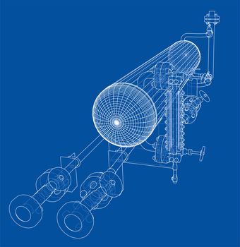 Wire-frame industrial equipment. 3d illustration. Sketch or outline