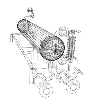 Wire-frame industrial equipment. 3d illustration. Sketch or outline