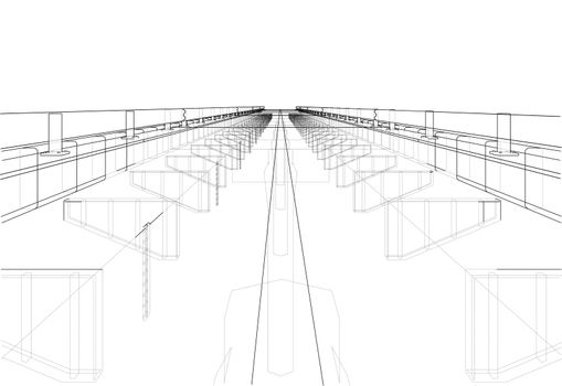 Bridge sketch or blueprint. 3d illustration. Wire-frame style