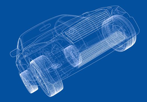 Concept car. 3d illustration. Wire-frame or blueprint style