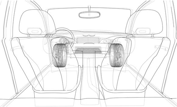 Interior of concept car. 3d illustration. Wire-frame style