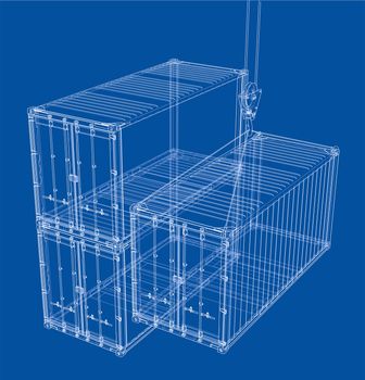 Cargo containers blueprint. Wire-frame style. 3d illustration