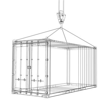 Cargo container with hook. Wire-frame style. 3d illustration