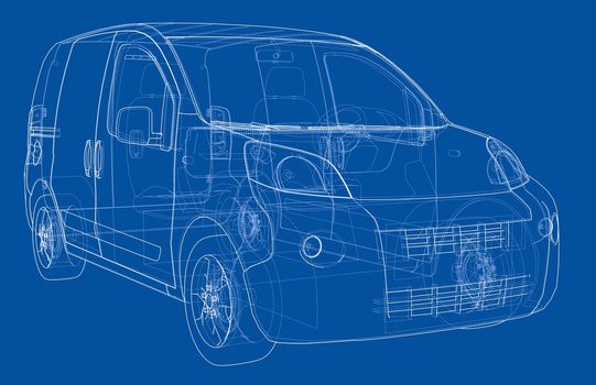 Concept car blueprint. 3d illustration. Wire-frame style