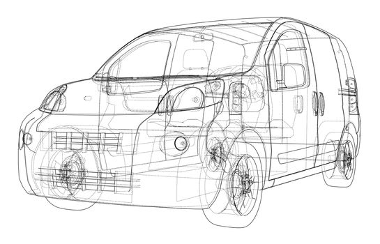 Concept car blueprint. 3d illustration. Wire-frame style