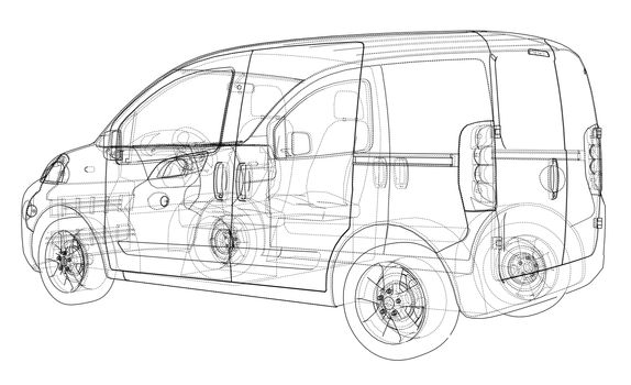 Concept car blueprint. 3d illustration. Wire-frame style