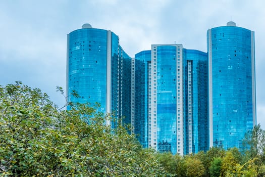 Modern building exterior low angle view with blue sky