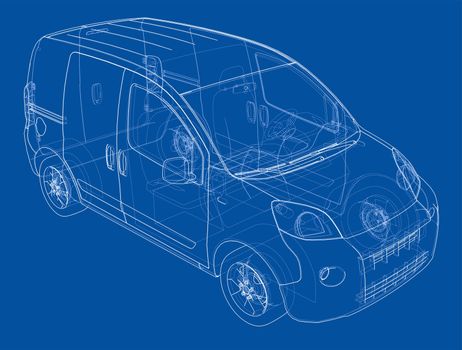 Concept car blueprint. 3d illustration. Wire-frame style