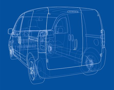 Concept car blueprint. 3d illustration. Wire-frame style