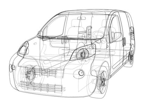 Concept car blueprint. 3d illustration. Wire-frame style