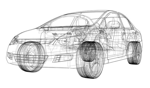 Concept car blueprint. 3d illustration. Wire-frame style