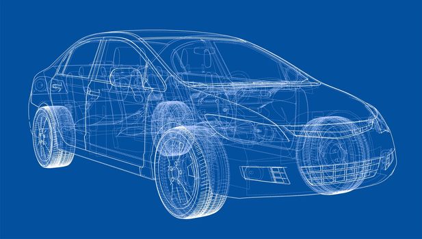 Concept car blueprint. 3d illustration. Wire-frame style