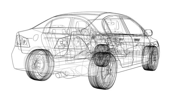 Concept car blueprint. 3d illustration. Wire-frame style