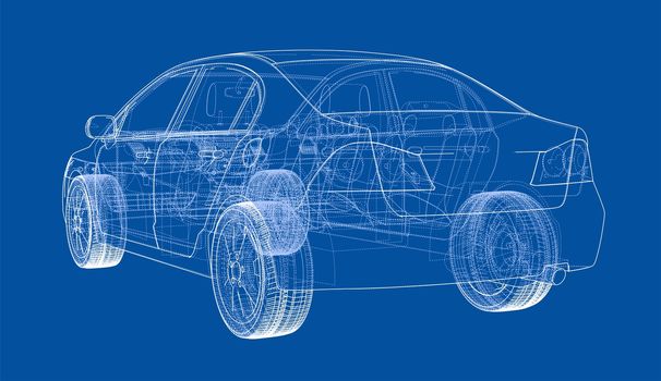 Concept car blueprint. 3d illustration. Wire-frame style