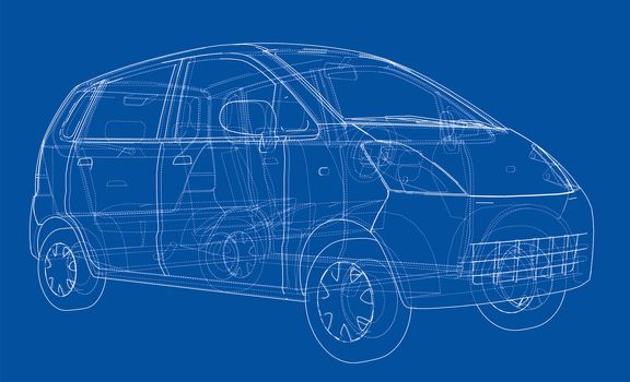 Concept car blueprint. 3d illustration. Wire-frame style