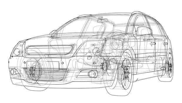 Concept car blueprint. 3d illustration. Wire-frame style