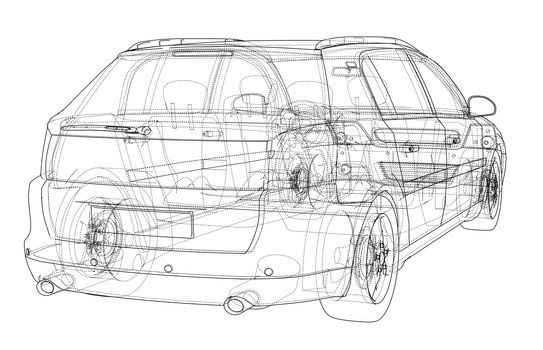 Concept car blueprint. 3d illustration. Wire-frame style