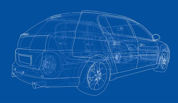 Concept car blueprint. 3d illustration. Wire-frame style