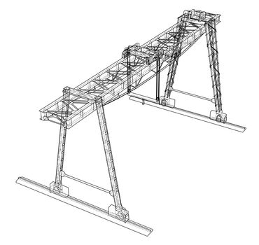 Gantry crane blueprint. Wire-frame style. 3d illustration