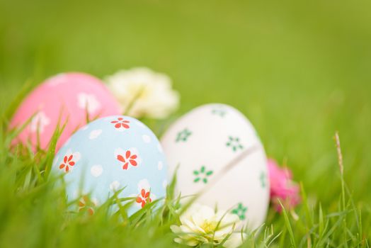 Happy easter!  Closeup Colorful Easter eggs in nest on green grass field during sunset background.