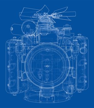 Engine sketch or blueprint. 3d illustration. Wire-frame style