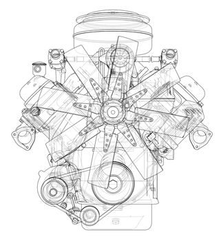 Engine sketch or blueprint. 3d illustration. Wire-frame style