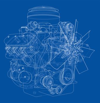 Engine sketch or blueprint. 3d illustration. Wire-frame style