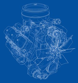 Engine sketch or blueprint. 3d illustration. Wire-frame style