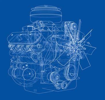 Engine sketch or blueprint. 3d illustration. Wire-frame style