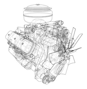 Engine sketch or blueprint. 3d illustration. Wire-frame style