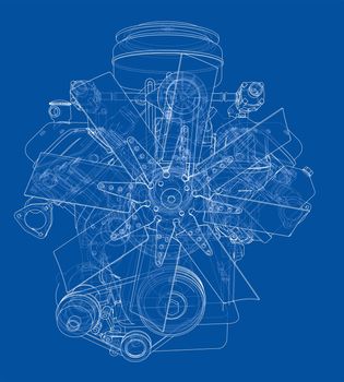 Engine sketch or blueprint. 3d illustration. Wire-frame style