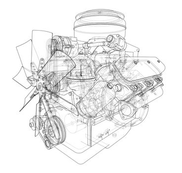 Engine sketch or blueprint. 3d illustration. Wire-frame style